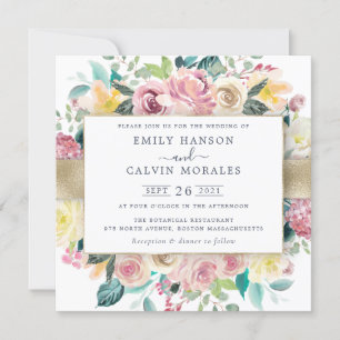 Invitation Aquarelle Floral Blush Greenery Gold Frame