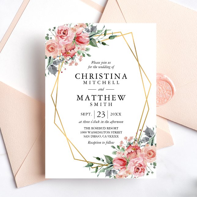 Invitation Aquarelle Floral Blush Rose Greenery Mariage or (Créateur téléchargé)
