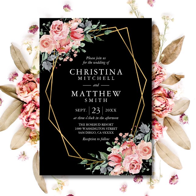 Invitation Aquarelle Floral Blush rose Mariage noir (Watercolor Floral Blush Pink Black Wedding Invitation)