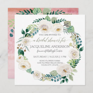 Invitation Aquarelle Floral Blush Roses blanches Feuilles Wre