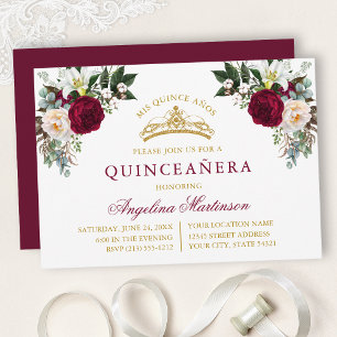 Invitation Aquarelle Floral Bordeaux Quinceanera Or