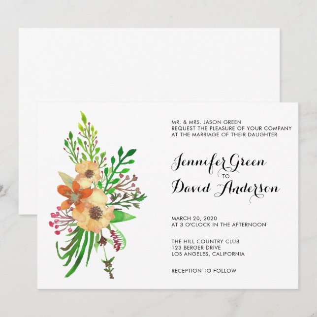Invitation Aquarelle Floral Bouquet Mariage (Devant / Derrière)