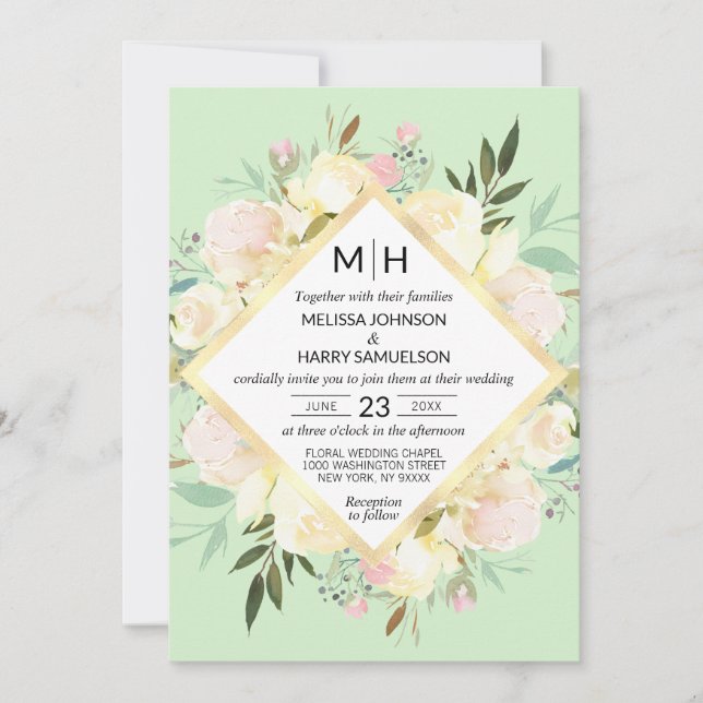 Invitation Aquarelle Floral Bouquet Pink Mint Gold Mariage (Devant)