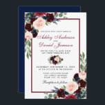 Invitation Aquarelle Floral Bourgogne Bleu Élégant Mariage<br><div class="desc">Elégante aquarelle Bourgogne Marsala et Faire-part de mariage Floral Bleu - Bleu Retour</div>