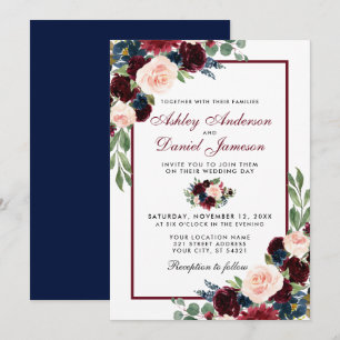 Invitation Aquarelle Floral Bourgogne Bleu Élégant Mariage