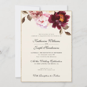 Invitation Aquarelle Floral Bourgogne Bouquet Romance Mariage