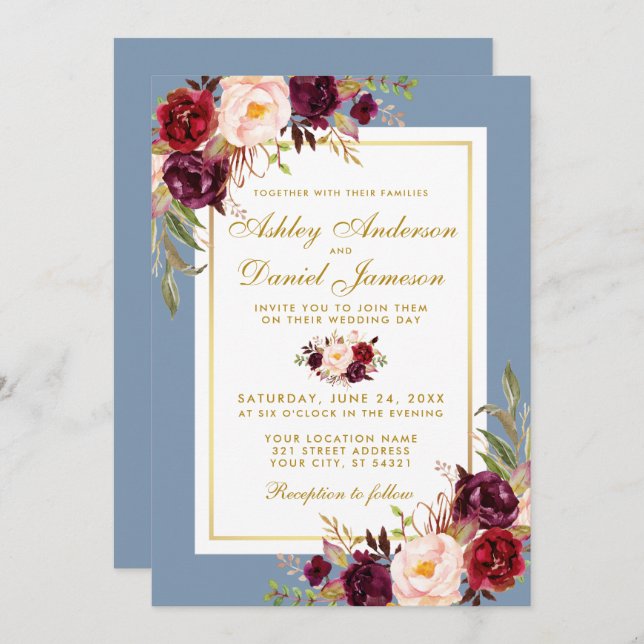 Invitation Aquarelle Floral Bourgogne Dusty Blue Gold Mariage (Devant / Derrière)