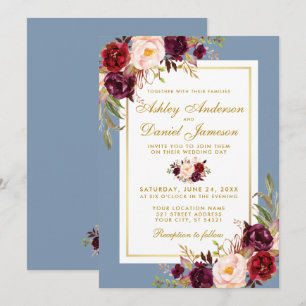 Invitation Aquarelle Floral Bourgogne Dusty Blue Gold Mariage