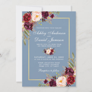 Invitation Aquarelle Floral Bourgogne Dusty Mariage bleu