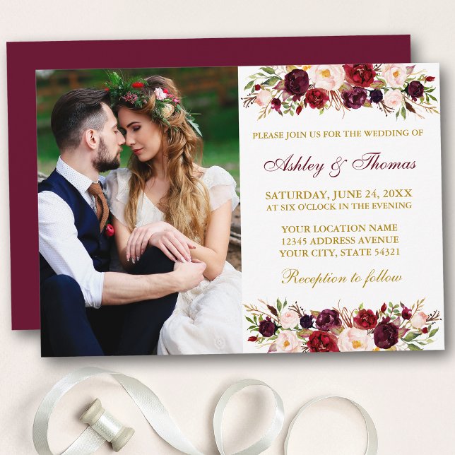 Invitation Aquarelle Floral Bourgogne Gold Photo Mariage (Customize to change text color, style, add text & photos to back or change color of back of card.)