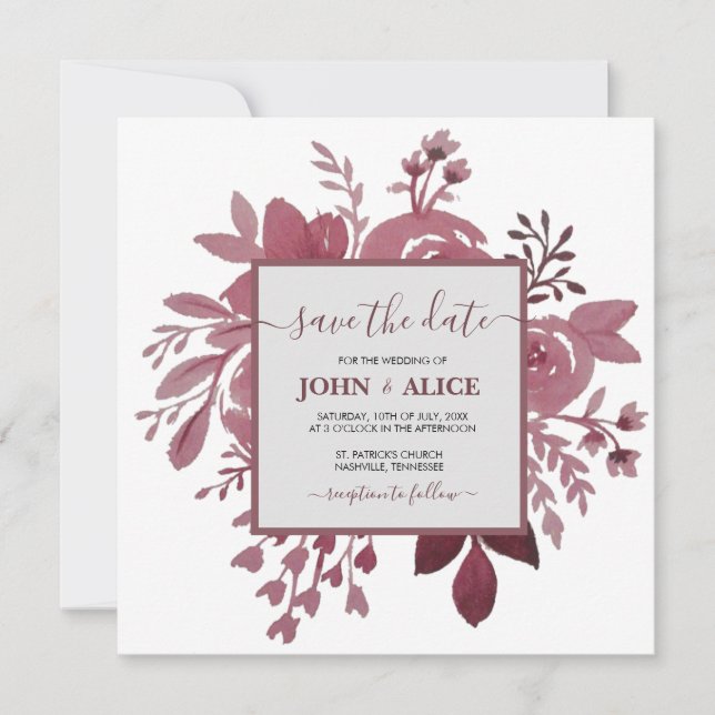 Invitation Aquarelle Floral Bourgogne Mariage Enregistrer les (Devant)