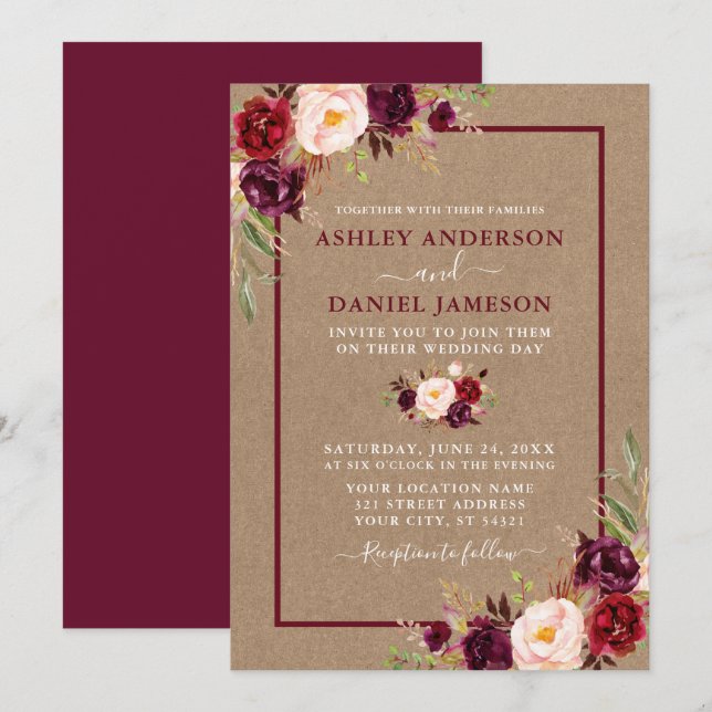 Invitation Aquarelle Floral Bourgogne Mariage Kraft (Devant / Derrière)