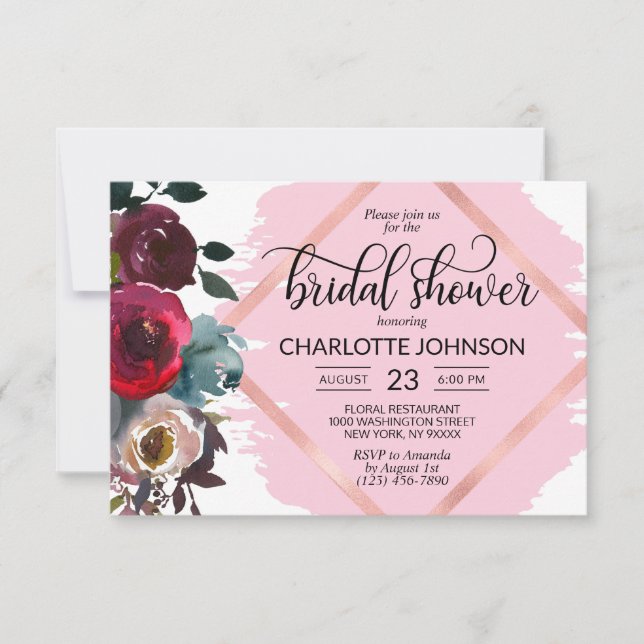 Invitation Aquarelle Floral Bourgogne Rose Fête des mariées o (Devant)