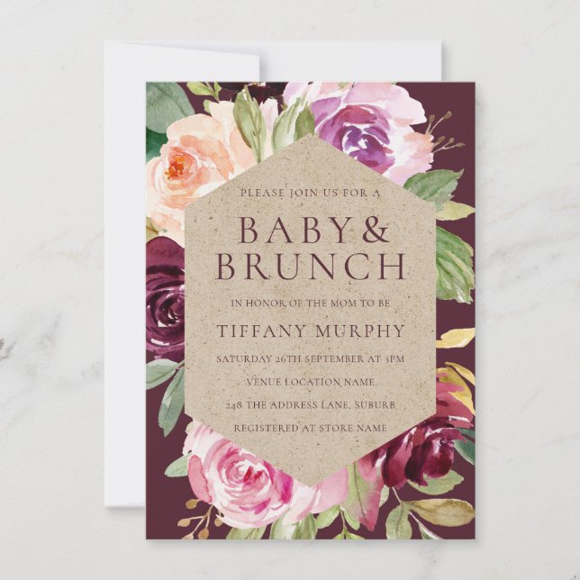 Invitation Aquarelle Floral Bourgogne Rouge Baby shower Brunc (Devant)