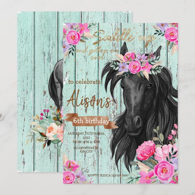 Invitation Aquarelle Floral cheval fille d'anniversaire (Devant / Derrière)