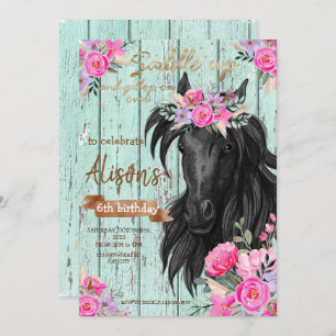 Invitation Aquarelle Floral cheval fille d'anniversaire