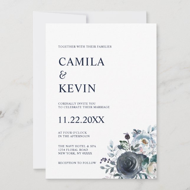 Invitation Aquarelle Floral Classique Marine Mariage bleu (Devant)