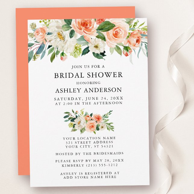 Invitation Aquarelle Floral Coral Fête des mariées Élégante (Customize to change text color, text style or color of back of card.)