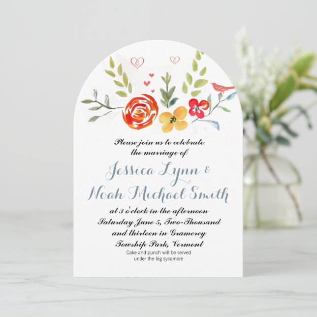 Invitation Aquarelle Floral Coral Jaune Azur Mariage bleu (Debout devant)