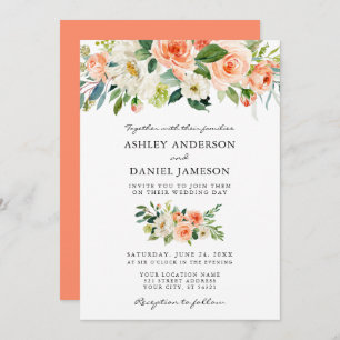 Invitation Aquarelle Floral Coral Mariage vert