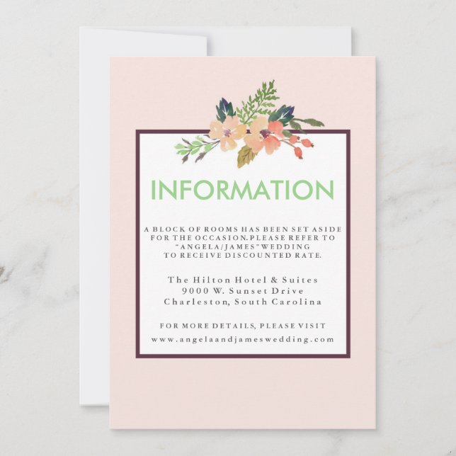Invitation Aquarelle Floral Corner Information du Mariage (Devant)