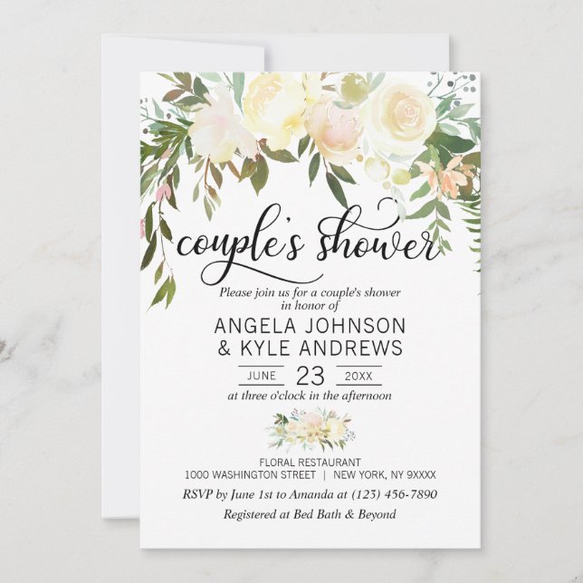Invitation Aquarelle Floral Crème Rose Ivoire Douche COUPLE (Devant)