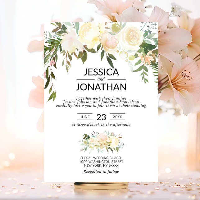 Invitation Aquarelle Floral Crème rose Mariage ivoire (Watercolor Floral Pink Cream Ivory Wedding Invitation)