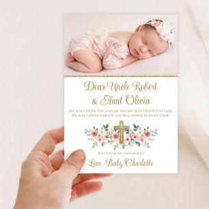 Invitation Aquarelle Floral Cross Baby Girl Godparent