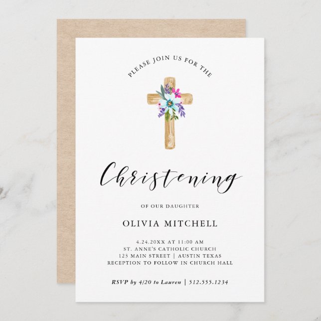 Invitation Aquarelle Floral Cross Kraft Look | Christine (Devant / Derrière)
