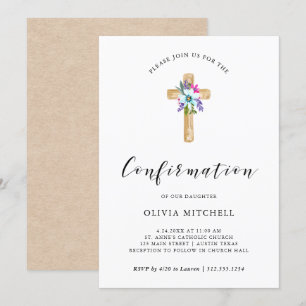 Invitation Aquarelle Floral Cross Kraft Look   Confirmations