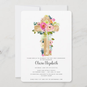 Invitation Aquarelle Floral Cross Première communion
