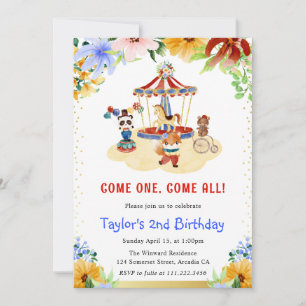 Invitation Aquarelle Floral Cute Circus Animaux Anniversaire