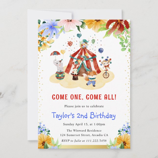 Invitation Aquarelle Floral Cute Circus Animaux Anniversaire (Devant)