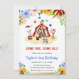 Invitation Aquarelle Floral Cute Circus Animaux Anniversaire