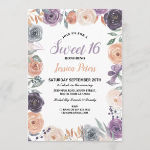 Invitation Aquarelle Floral Doux 16 Fleurs de Partie Violet