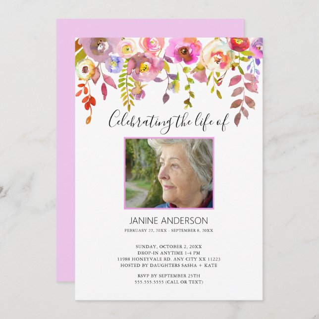 Invitation Aquarelle Floral Drop Life Célébration photo (Devant / Derrière)
