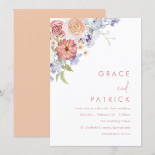 Invitation Aquarelle Floral Dusty Bleu et Mariage de pêche