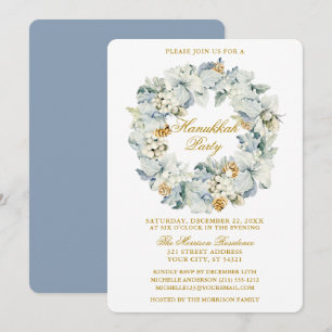 Invitation Aquarelle Floral Dusty Blue Hanoukka Party Gold