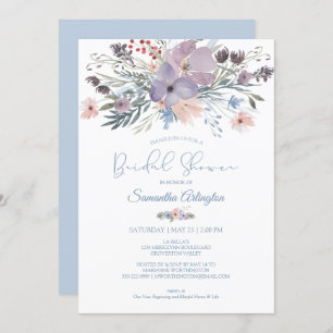 Invitation Aquarelle Floral Dusty Blue Violet Fête des mariée