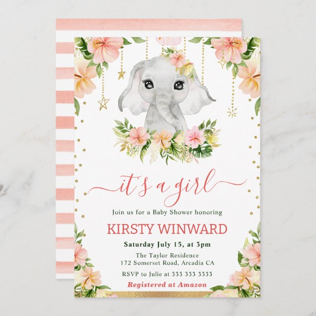 Invitation Aquarelle Floral Elephant Baby shower fille (Devant / Derrière)