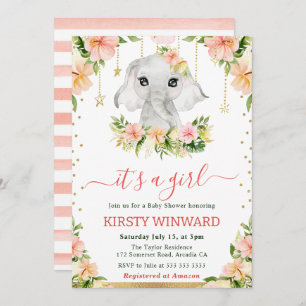 Invitation Aquarelle Floral Elephant Baby shower fille