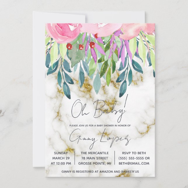 Invitation Aquarelle Floral et Baby shower de marbre (Devant)