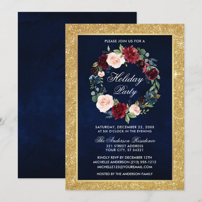 Invitation Aquarelle Floral Fête Gold Parties scintillant (Devant / Derrière)