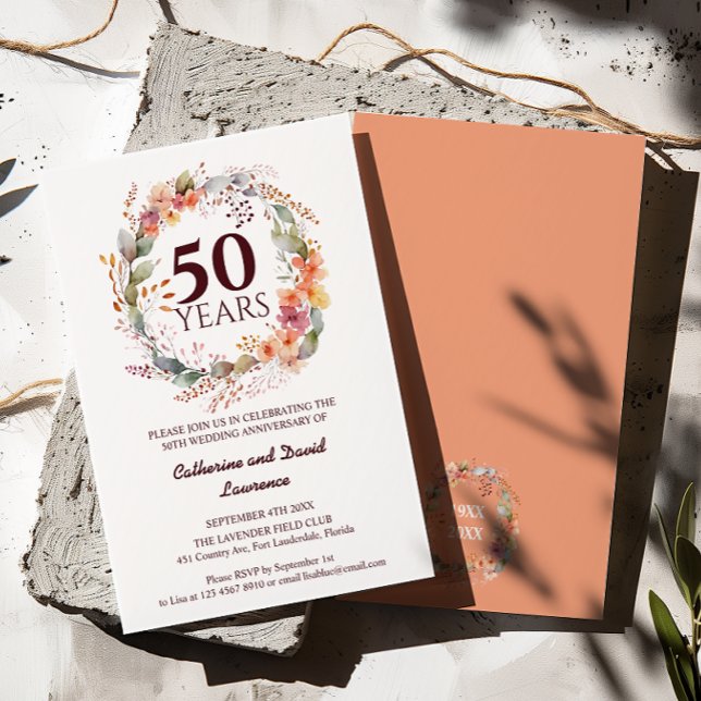 Invitation Aquarelle Floral Garland Coral rose 50e Mariage (Créateur téléchargé)