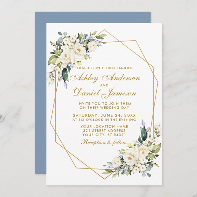 Invitation Aquarelle Floral Geo Frame Dusty Blue Mariage (Devant / Derrière)