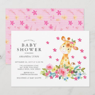 Invitation Aquarelle Floral Giraffe Baby Girl Douche