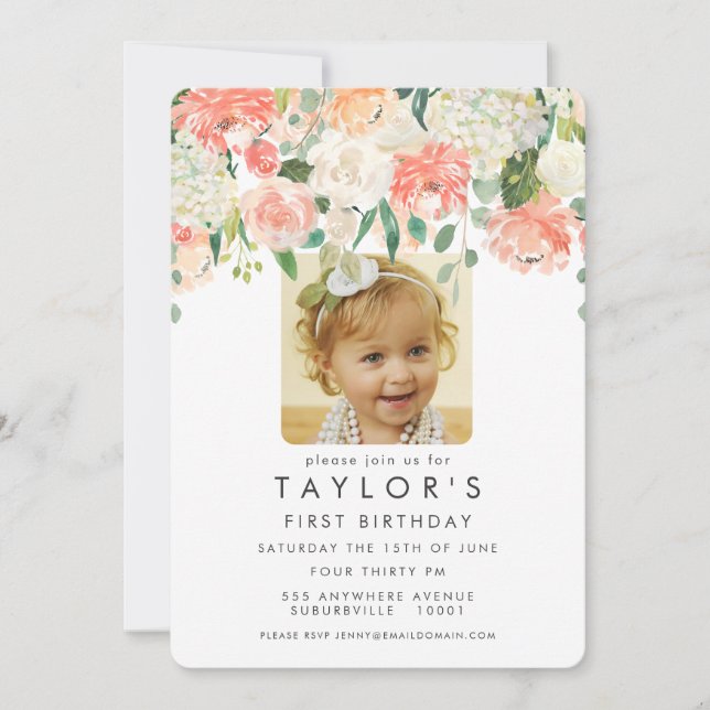 Invitation Aquarelle Floral Girls 1er anniversaire Photo Invi (Devant)