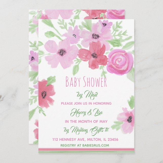 Invitation Aquarelle Floral Girl's Baby shower par Mail (Devant / Derrière)