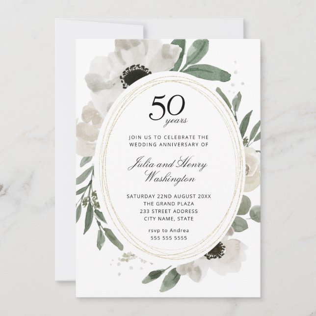 Invitation Aquarelle Floral Gold Frame 50e anniversaire (Devant)