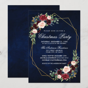 Invitation Aquarelle Floral Gold Frame de Noël bleu